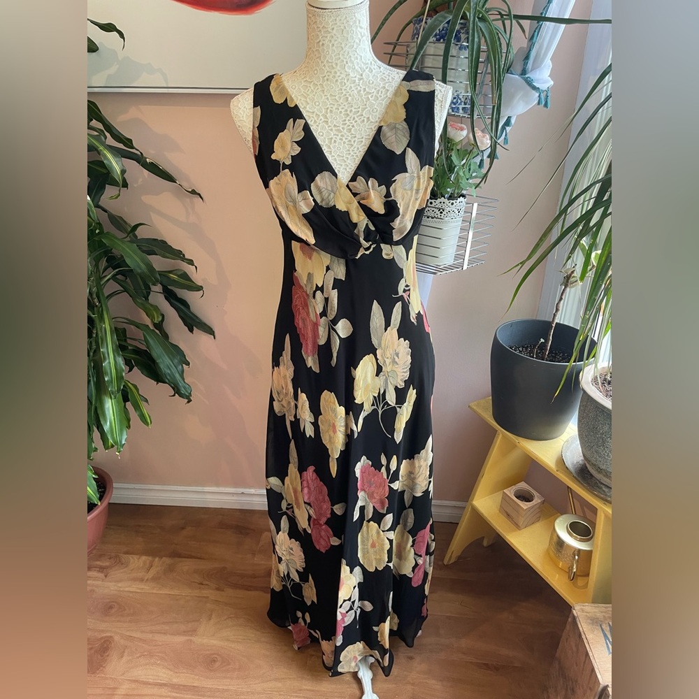 Elegant Vintage 90s Black & Floral Print Slip Maxi Dress Gown, Sz Small BNWT